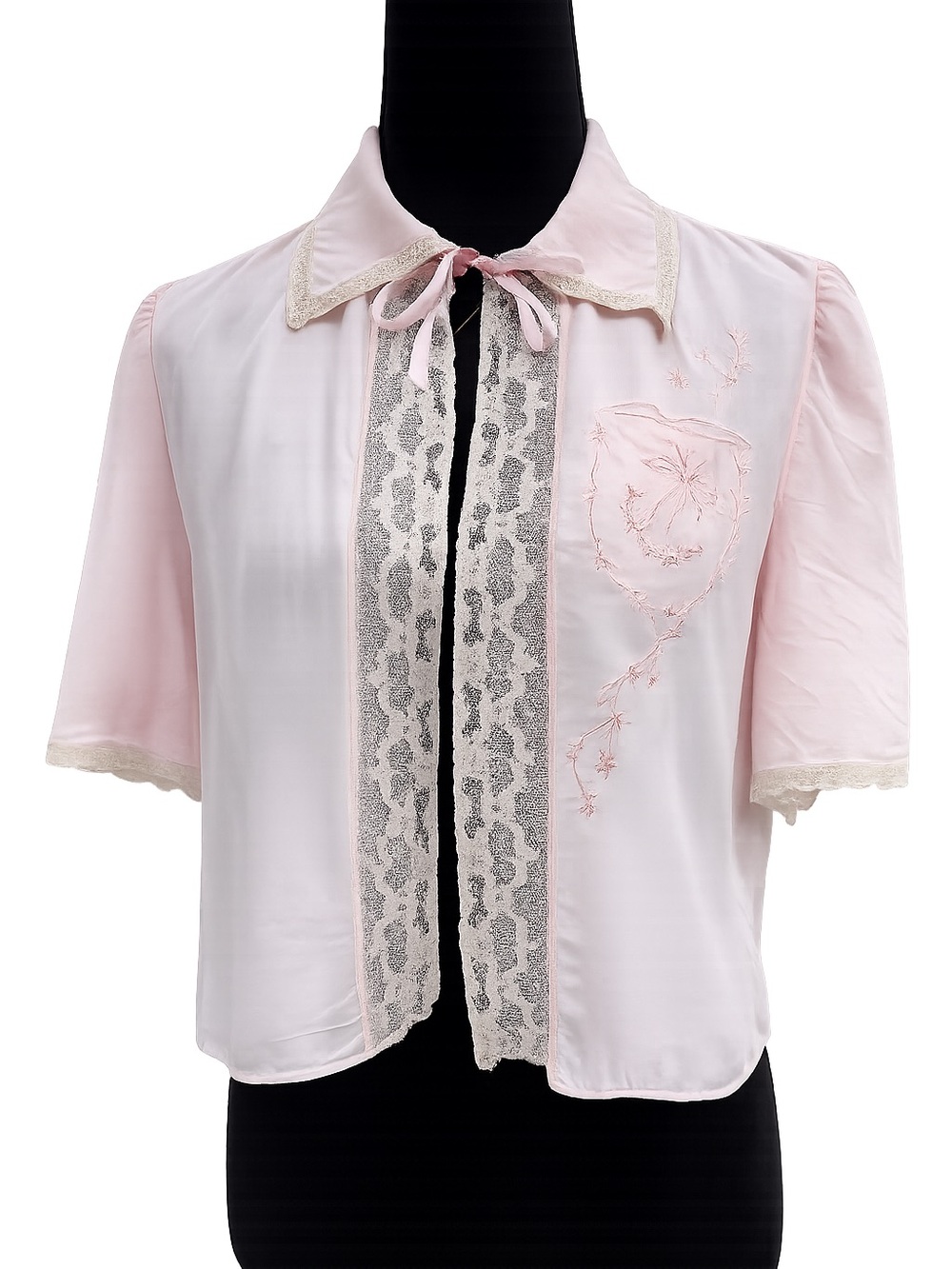 Vintage Pink Lace Embroidered Prairie Blouse Coquette Puff Sleeve Fairycore Top